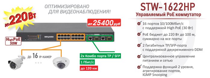 Рекомендуем! 16-канальный управляемый PoE коммутатор STW-1622HP