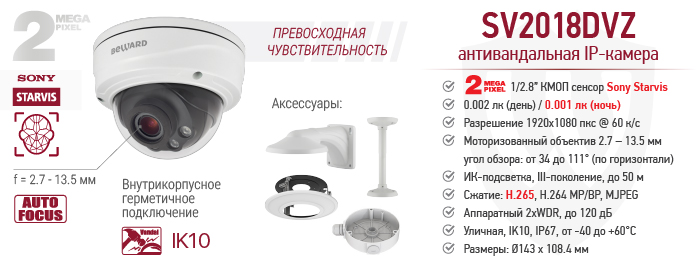 Рекомендуем! 2 Мп IP-камера BEWARD SV2018DVZ - встроенная видеоаналитика и автофокус