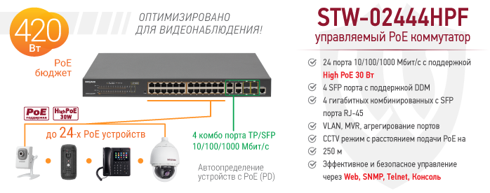 Новинка! Управляемый 24-портовый коммутатор STW-02444HPF