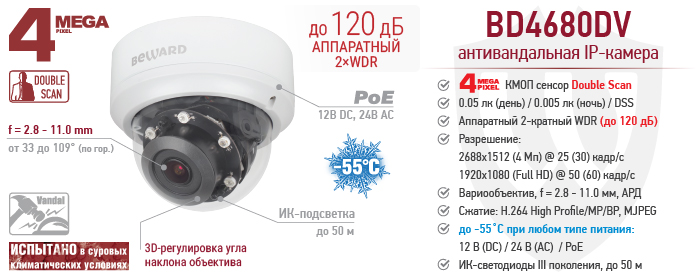 Рекомендуем! 4 Мп антивандальная купольная IP-камера BD4680DV