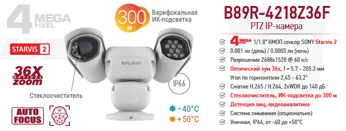 Новинка! Умная 4 Мп PTZ IP-камера B89R-4218Z36F с ИК-подсветкой до 300 м