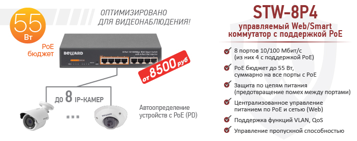Новинка! Управляемый Web/Smart коммутатор BEWARD STW-8P4 с PoE