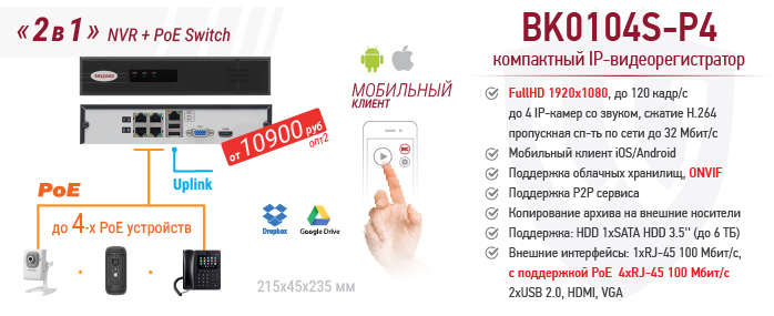 Рекомендуем! "2в1" BK0104S-P4 компактный FullHD NVR и PoE Switch
