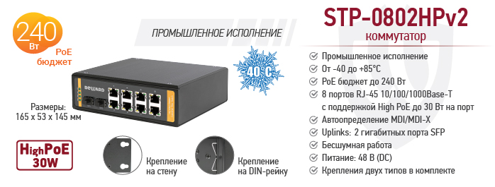 Рекомендуем! Промышленный неуправляемый High PoE коммутатор STP-0802HPv2