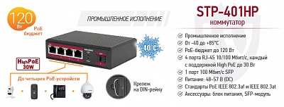 Рекомендуем! Промышленный неуправляемый High PoE коммутатор STP-401HP